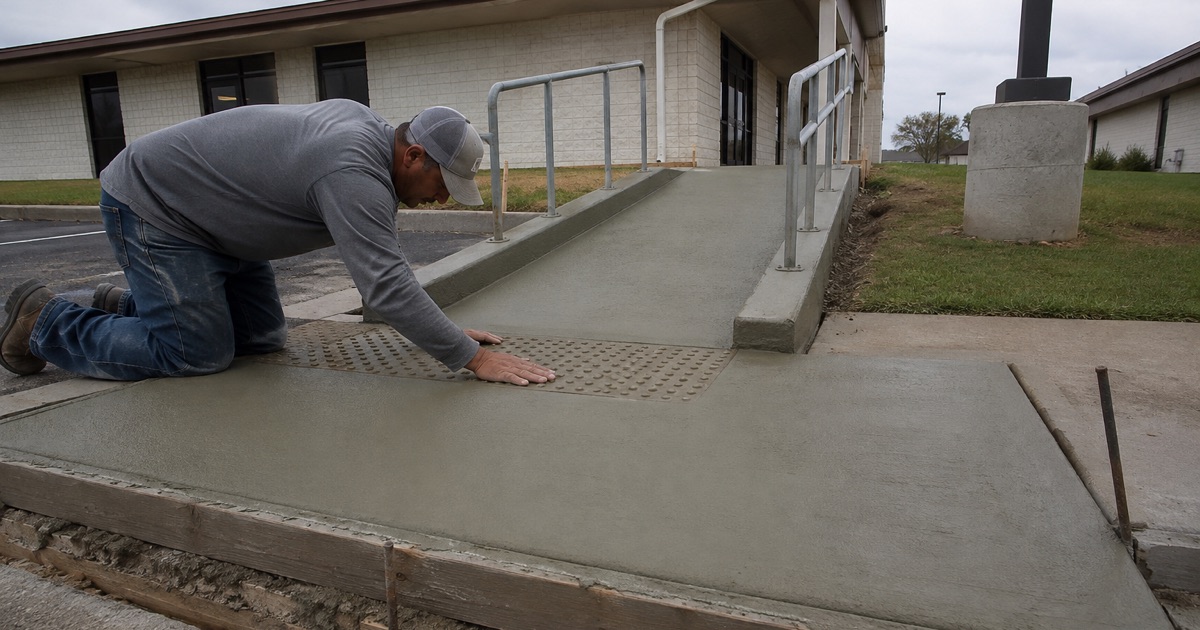 A detectable warning panel being set into the green concrete of a new accessible landing in San Marcos, with the ramp run and handrail post sleeves beyond it.