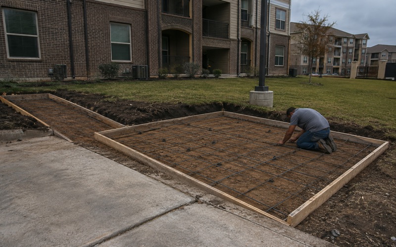 A reinforcing bar mat being tied on chairs for a new concrete walk and dumpster pad at a San Marcos apartment complex.