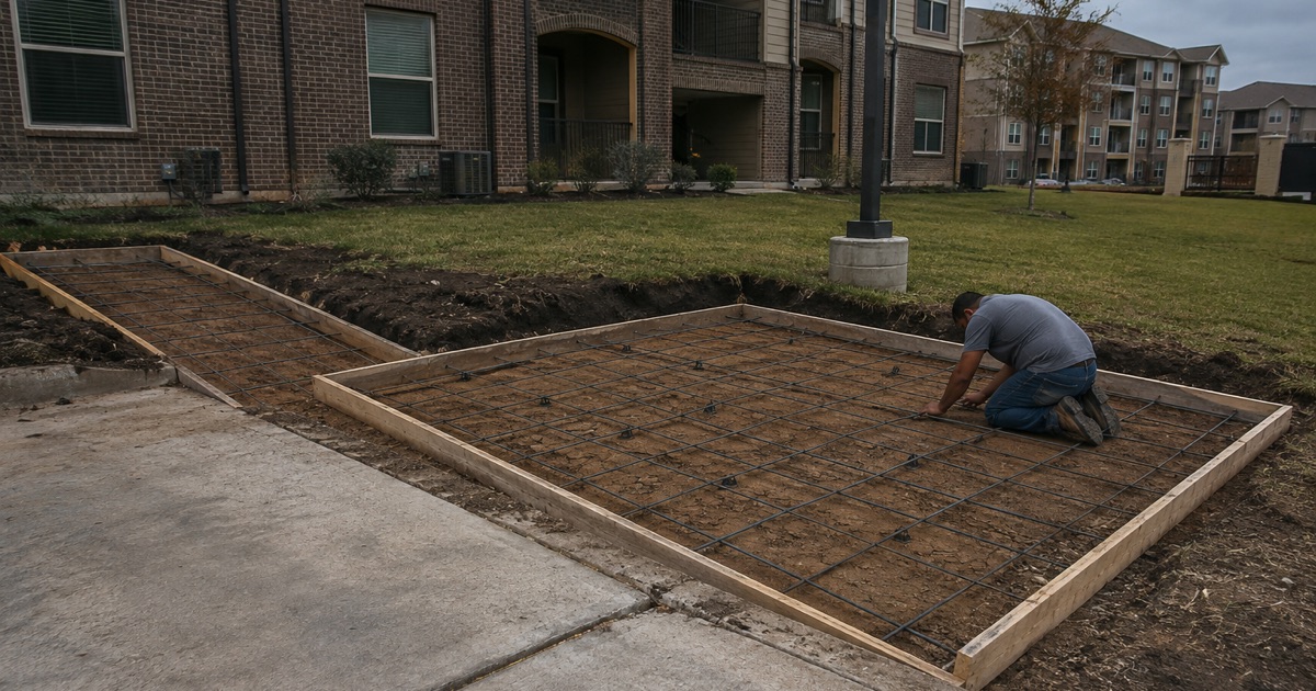 A reinforcing bar mat being tied on chairs for a new concrete walk and dumpster pad at a San Marcos apartment complex.