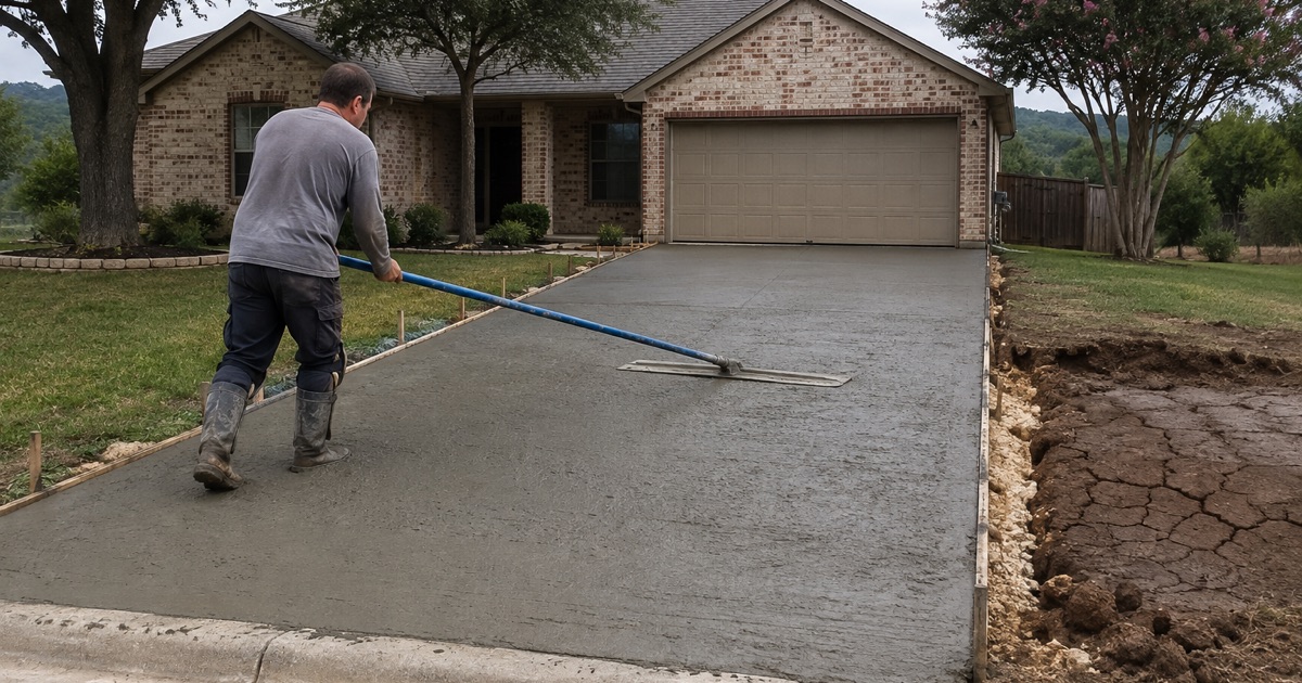 A bull float being pushed out across a freshly placed concrete driveway in San Marcos, the forms and grade stakes still standing on both sides.