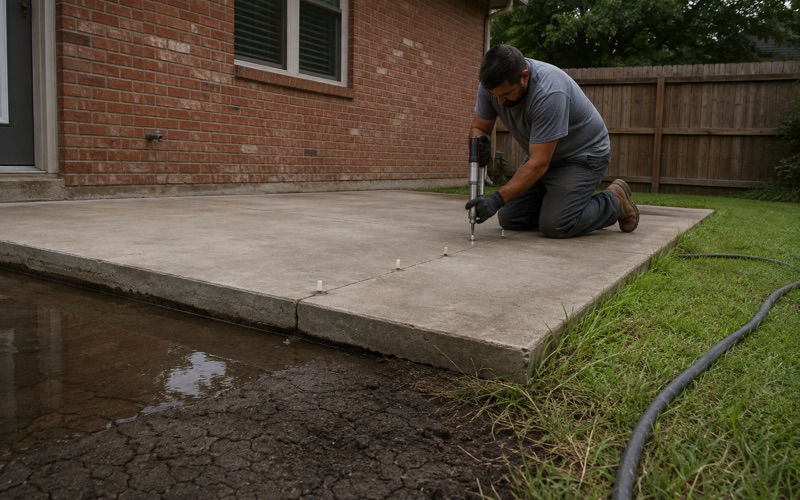 Polyurethane foam being injected through drilled ports to lift a sunken concrete patio slab in San Marcos, the step across the joint still visible.