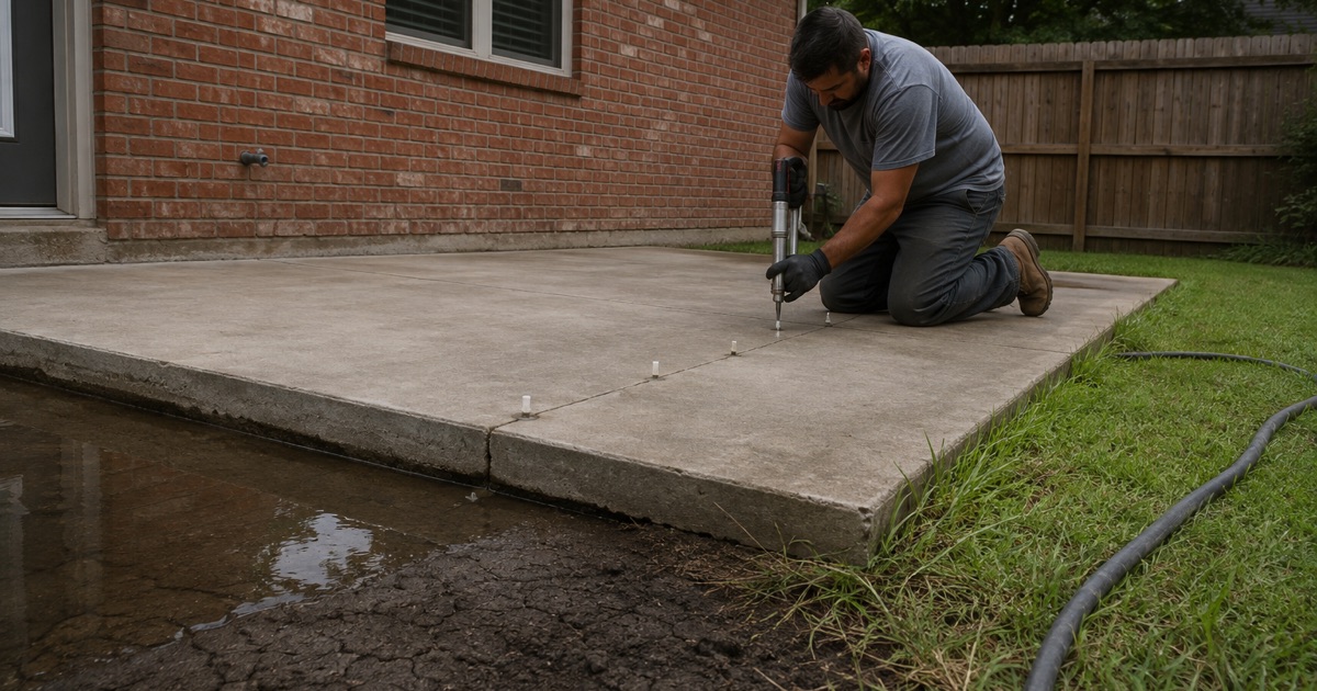 Polyurethane foam being injected through drilled ports to lift a sunken concrete patio slab in San Marcos, the step across the joint still visible.
