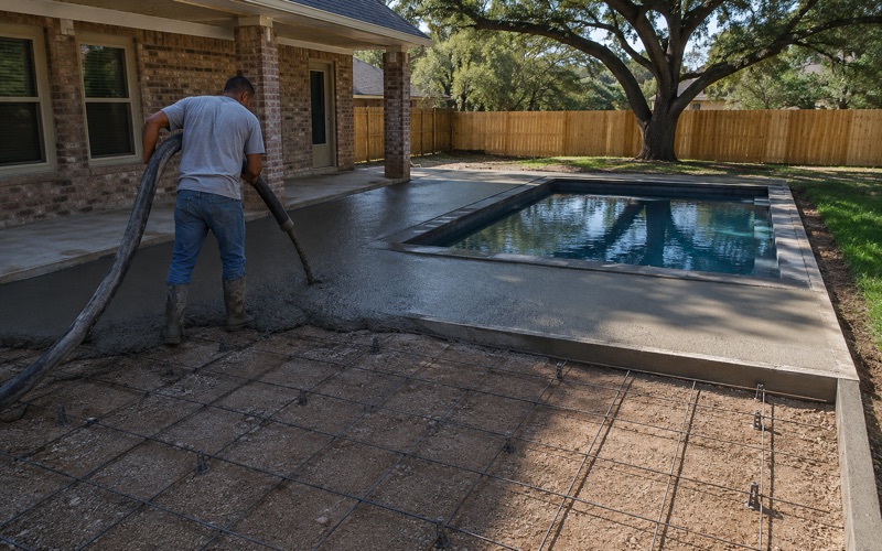Concrete being placed into the formed deck around a pool in San Marcos, the placing hose end guided along the form.
