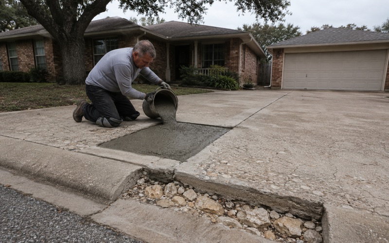 Repair mortar being placed into a saw cut patch in an older concrete driveway in San Marcos, the sound concrete showing in the base of the patch.