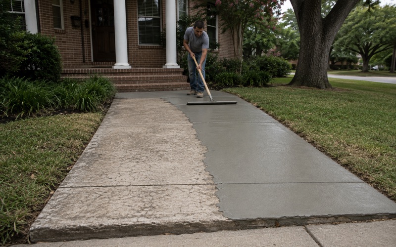 A polymer overlay being pulled across a cured concrete walk in San Marcos, the resurfaced run reading smooth against the worn concrete ahead of it.