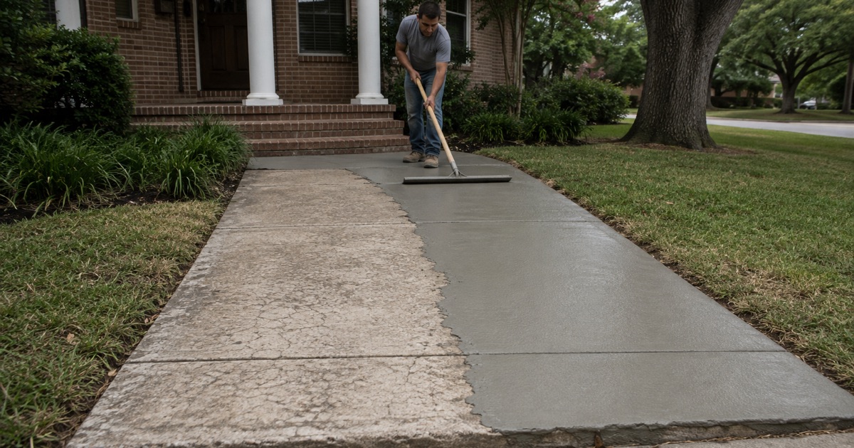 A polymer overlay being pulled across a cured concrete walk in San Marcos, the resurfaced run reading smooth against the worn concrete ahead of it.
