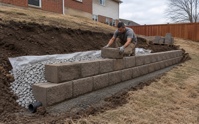 A segmental concrete block being set on the first course of a new retaining wall in San Marcos, drainage stone banked behind the wall.