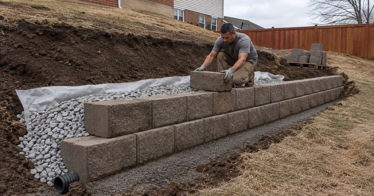A segmental concrete block being set on the first course of a new retaining wall in San Marcos, drainage stone banked behind the wall.