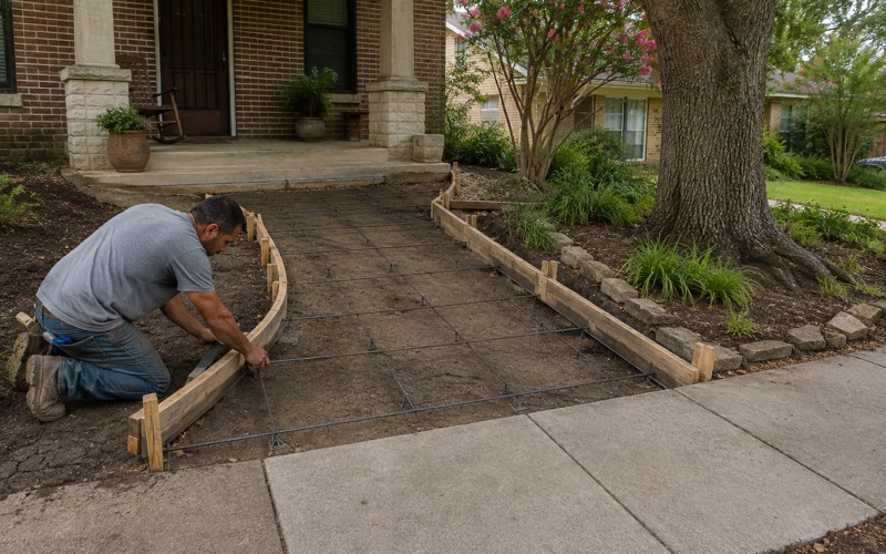 A private front walk being formed at a San Marcos house, the forms running from the porch landing to the city sidewalk at the boundary.
