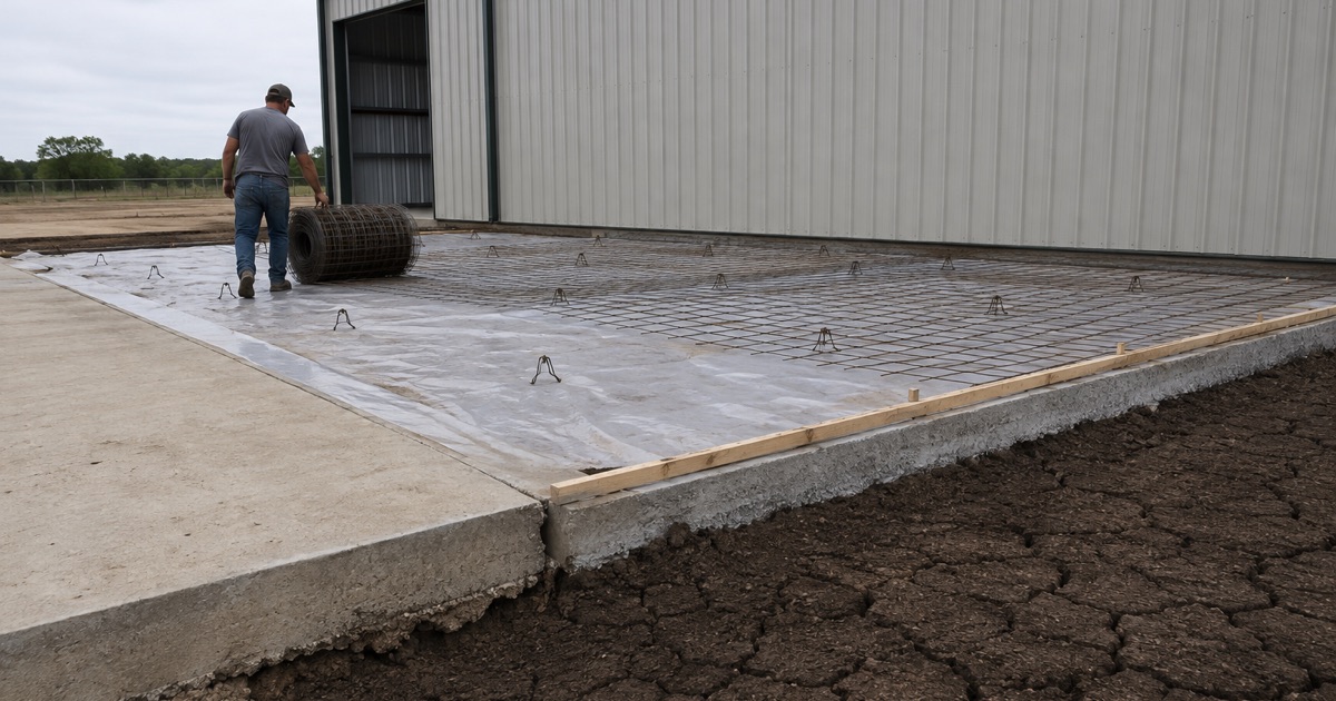 Welded wire reinforcement being rolled out over compacted base for a new concrete shop pad in San Marcos, the forms already set.