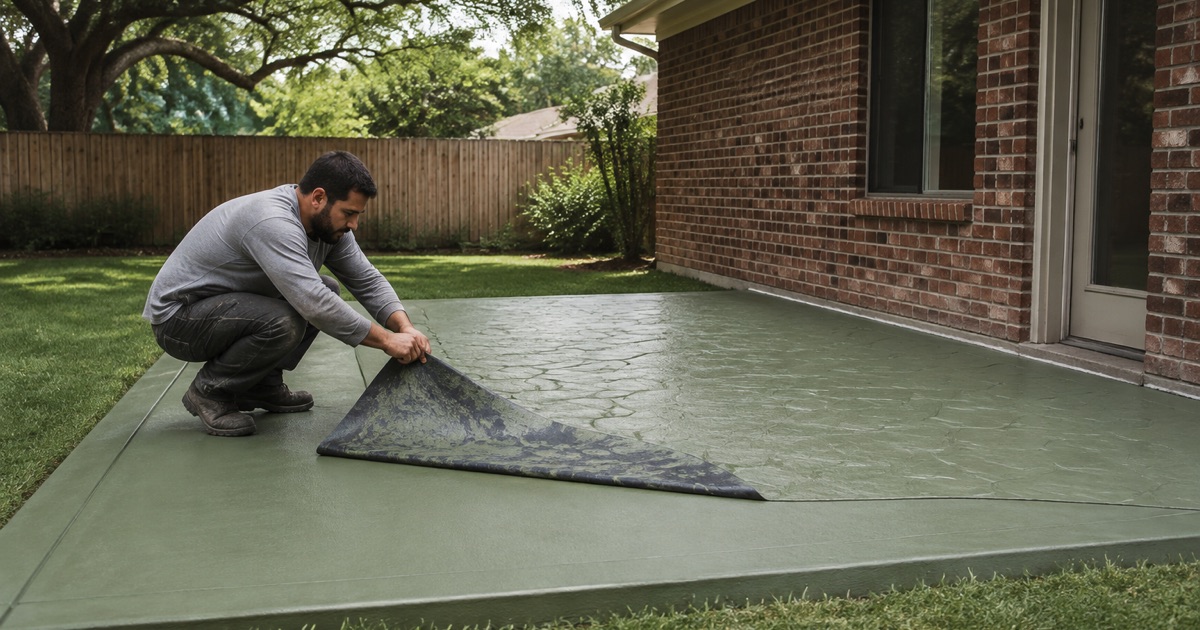 A stamp mat being peeled back off green colored concrete on a San Marcos patio, the pattern showing behind it.