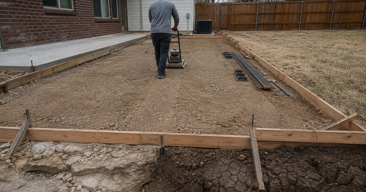 A plate compactor being walked across the base course of a formed slab in San Marcos, with the two soils of the city showing in the open cut beside it.