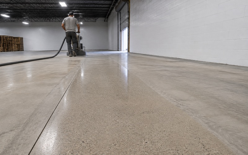 A planetary floor grinder being walked across a cured concrete slab in a San Marcos commercial interior, the polished pass reading brighter than the ground ahead of it.