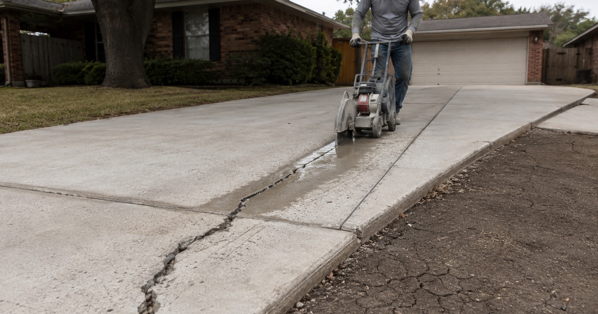 A walk behind saw cutting a failed crack square out of a cured concrete driveway in San Marcos, slurry running off the blade guard.